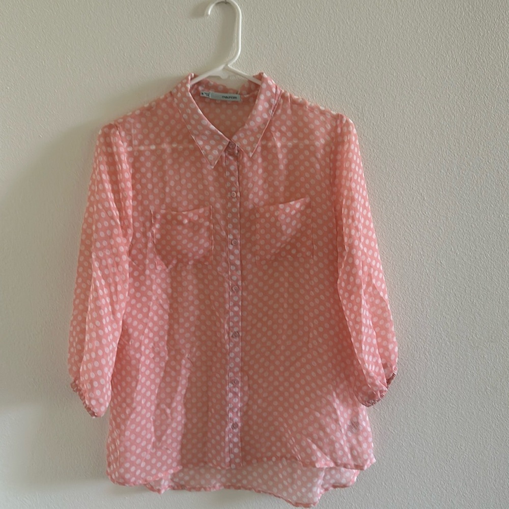 Maurice Pink & White Sheer Polka Dot Blouse Medium